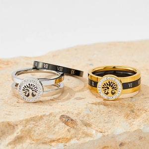 Multilayer stainless steel ring with Tree of Life design and Roman numerals on stone