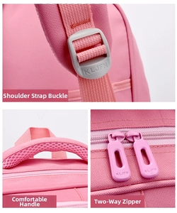 Detail of pink schoolbag featuring adjustable buckles, breathable handle and zippers