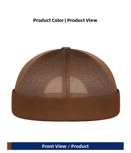 Front view of a brown breathable mesh docker cap with rolled brim for summer wear