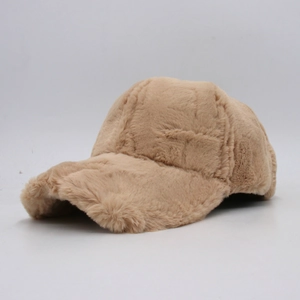Plush light camel faux fur baseball cap for women with thick warm winter texture