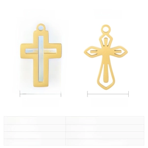 Detail showing two styles of stainless steel cross pendants with dimensions and weights