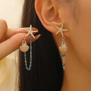 Detail of starfish and shell drop earring with blue beads and long golden tassels