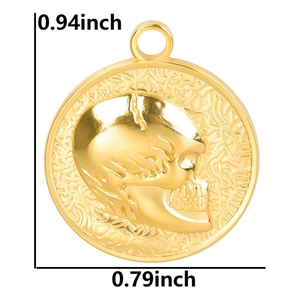 Detailed view of gold stainless steel skull pendant with dimensions 0.94 by 0.79 inches
