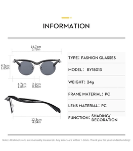 Detailed size specifications for round lens fashion sunglasses with PC frame and lens