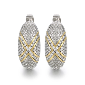 Elegant two-tone stainless steel curved stud earrings with micro-pave crystals