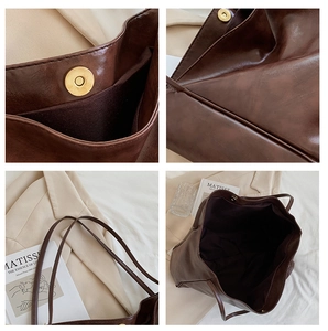 Detailed views of dark brown leather tote bag with gold magnetic clasp and smooth texture