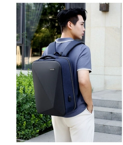 Detail of waterproof hard shell business backpack with external USB charging port