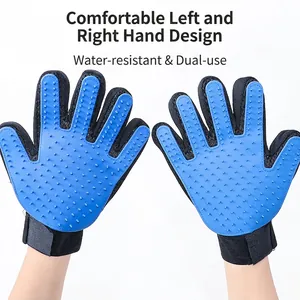 Blue silicone pet grooming gloves for massaging and bathing cats and dogs with mesh fabric