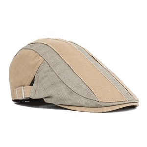 Detail view of khaki and grey duckbill cap featuring vintage distressed raw edges and sewing