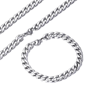 Ensemble collier et bracelet maille gourmette en acier inoxydable poli couleur argent