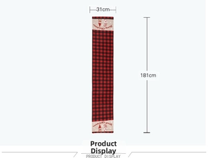 Detail of red and black buffalo plaid Christmas table runner with gnome motif and 181cm length