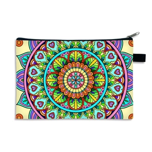 Large capacity polyester makeup bag featuring colorful mandala floral print and zipper