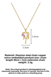 Detail showing gold heart pendant dimensions with pink pear-cut stone and measurements