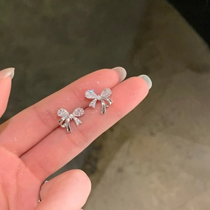 Elegant Bow Stud Earrings Shiny Cubic Zirconia Copper Fashion Jewelry For Women With Silver Earring Post