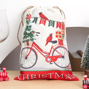 Christmas drawstring burlap gift bag with festive red bicycle and tree illustration