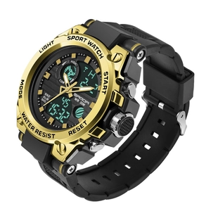 Dual display black and gold sport watch with rubber strap and waterproof features