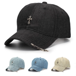 Vintage Denim Baseball Cap With Metal Cross Gothic Punk Style Adjustable Breathable Outdoor Sun Hat For Men Women