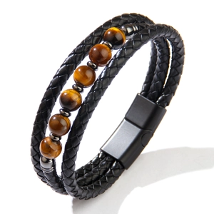 Multi-layer black braided leather bracelet with tiger eye beads and magnetic clasp