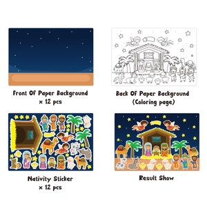 Nativity scene DIY sticker set for kids including 12 backgrounds and 12 sticker sheets