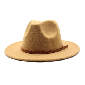 Detailed texture of khaki wool fedora hat featuring a brown leather belt with metal buckle