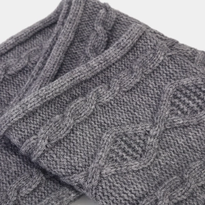 Detail shot of the chunky cable knit texture on dark grey winter warmth accessories