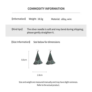 Detailed chart showing bohemian triangle tassel earrings specs in alloy and wire material