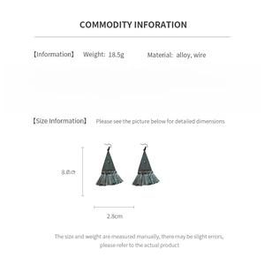 Detailed chart showing bohemian triangle tassel earrings specs in alloy and wire material