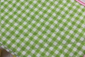 Close-up of green gingham fabric with quilted stitching and pink zipper detail