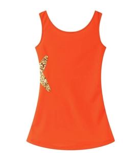 Detail of bright orange sleeveless dress featuring a sequined gold star pattern on side