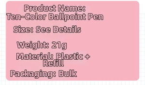 Specifications of the ten-color ballpoint pen detailing weight, material, and loose packaging