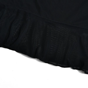 Close-up of black mesh fabric detail showing premium texture and ruched edge on the garment