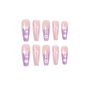 Purple long coffin press-on nails with white flower patterns and silver wave lines