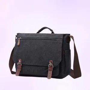 Men Washed Canvas Messenger Bag Business Briefcase Laptop Storage Retro Crossbody Handbag With Microfiber Leather Accents