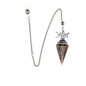 Three-phase moon chakra pendulum necklace with brown stone crystal and silver metal pentagram