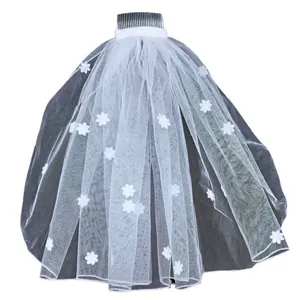 Short bridal white wedding veil with delicate floral appliques and hair comb attachment