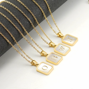 Stainless Steel Initial Necklace 18K Gold Plated Mother Of Artificial Pearl Shell Inlay Square Hollow Pendant For Women