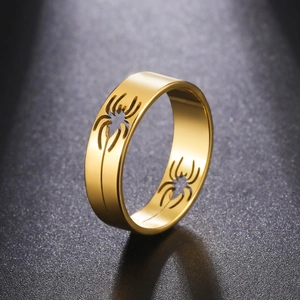 Polished gold stainless steel ring featuring a cutout spider design on a dark background