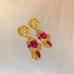 Vintage gold textured floral earrings with rose pink gemstones and pearl accents