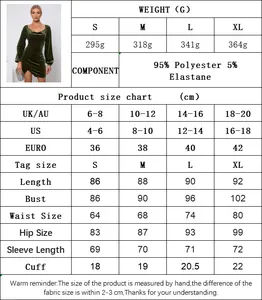 Tabla de tallas detallada para vestido de terciopelo con medidas US, UK y EU incluidas