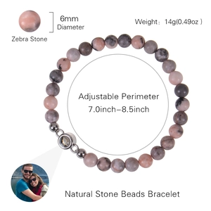 Bracelet en perles de pierre zèbre 6mm avec projection photo et texture rose et grise