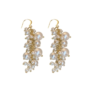 French vintage pearl tassel drop earrings with gold hooks and clustered bead design