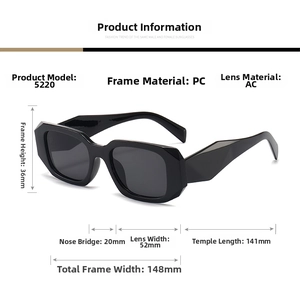 Detailed dimensions and PC frame specifications for black geometric square sunglasses