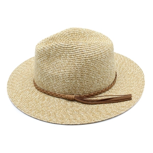 Close-up of woven paper straw fedora with decorative dark brown tassel band detail