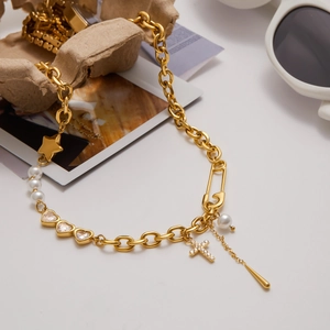 18K gold plated stainless steel necklace with pearl star heart and cross charms
