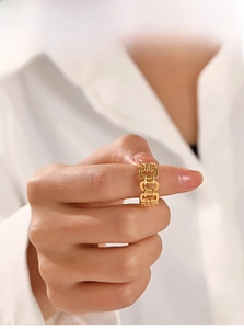 Detail of 18K gold plated geometric chain ring worn on finger for a stylish look