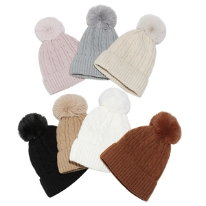 Bonnet D'Hiver Femme Tricot Torsadé Doublé Polaire Chaud Bonnet De Ski Avec Pompon En Fausse Fourrure Couleur Unie