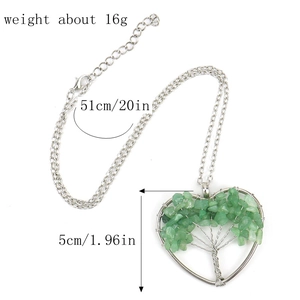 Detail of silver heart tree of life pendant showing 5cm diameter and green crystals