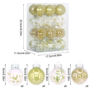 Detailed dimensions of 24-piece 6cm gold and clear Christmas ball ornaments set in PVC box