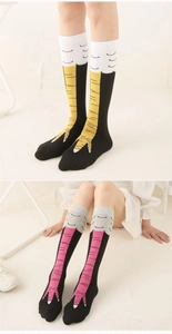 Detailed view of knee-high chicken feet socks featuring creative knit patterns for women