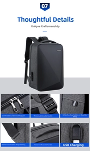 Detail view of business laptop backpack with USB port, anti-theft lock and reinforced zippers